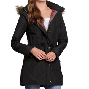 Hollister Women's Black Parka Jacket Hooded Faux Fur Plaid Lining Size Medium